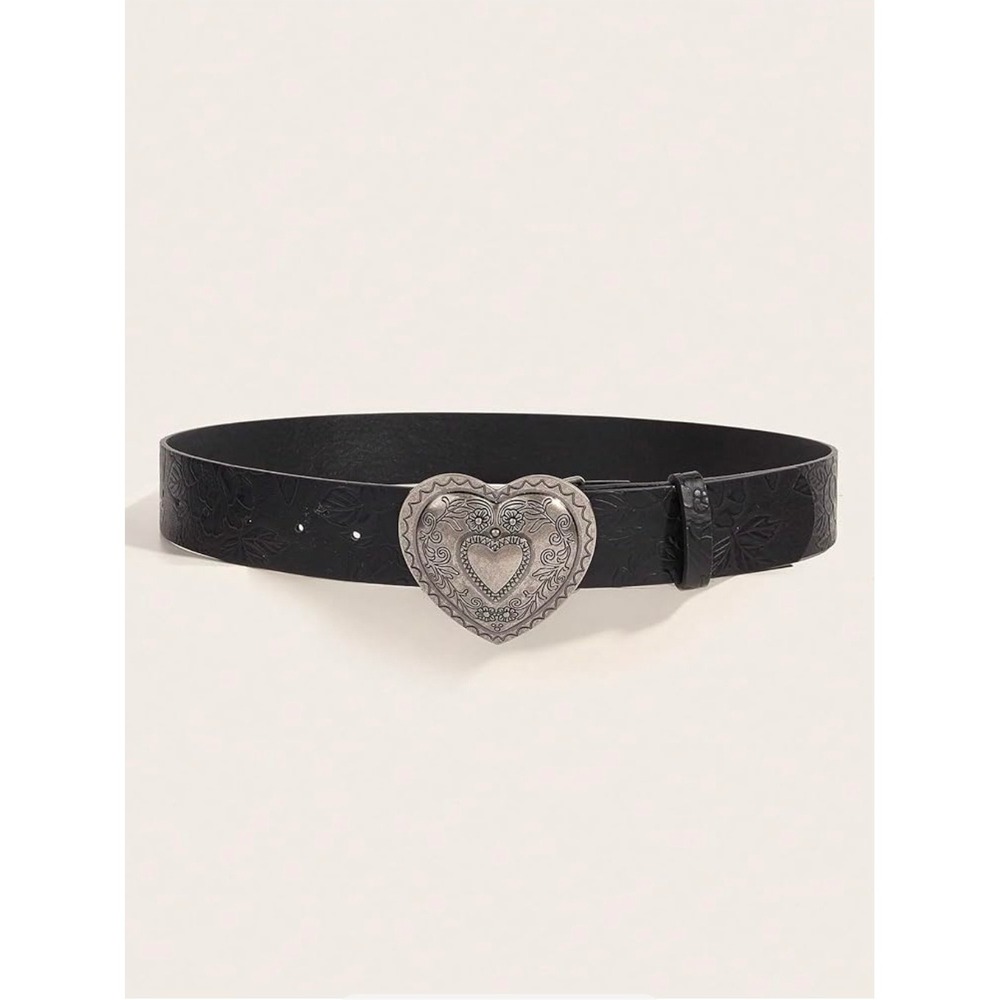 Black Floral Embossed‎ Wide Belt with Silver Heart Filigree Buckle Western Boho